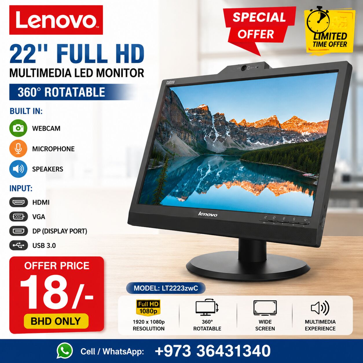 Isa Town, Computers, BHD 18,  Lenovo 22" Full HD Monitor Multimedia 360*Rotatable In-built Webcam, Speakers & Microphone