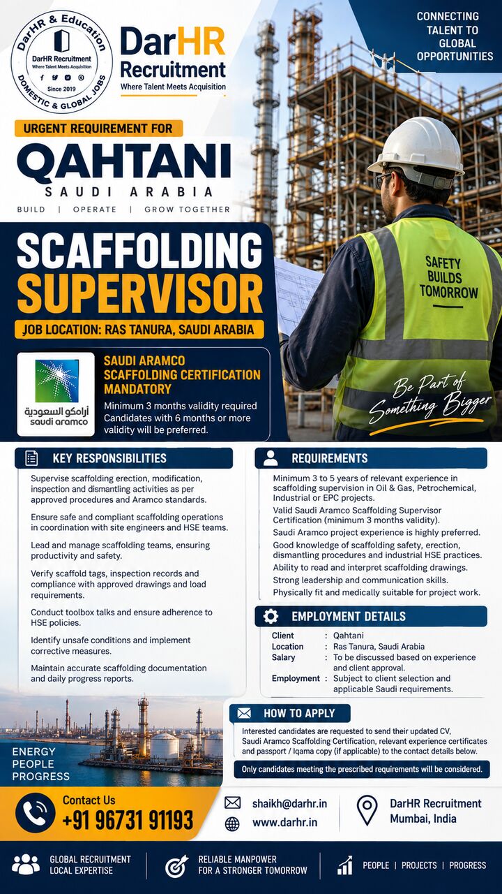 Mumbai, Jobs, SCAFFOLDING SUPERVISOR