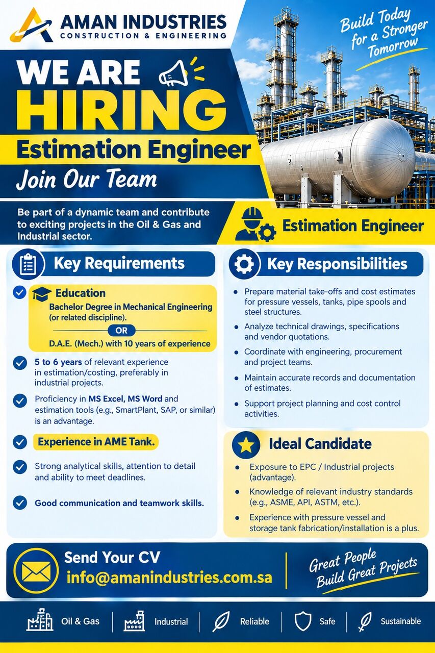 Jubail, Jobs, An Estimation Engineer Or Estimator Requird