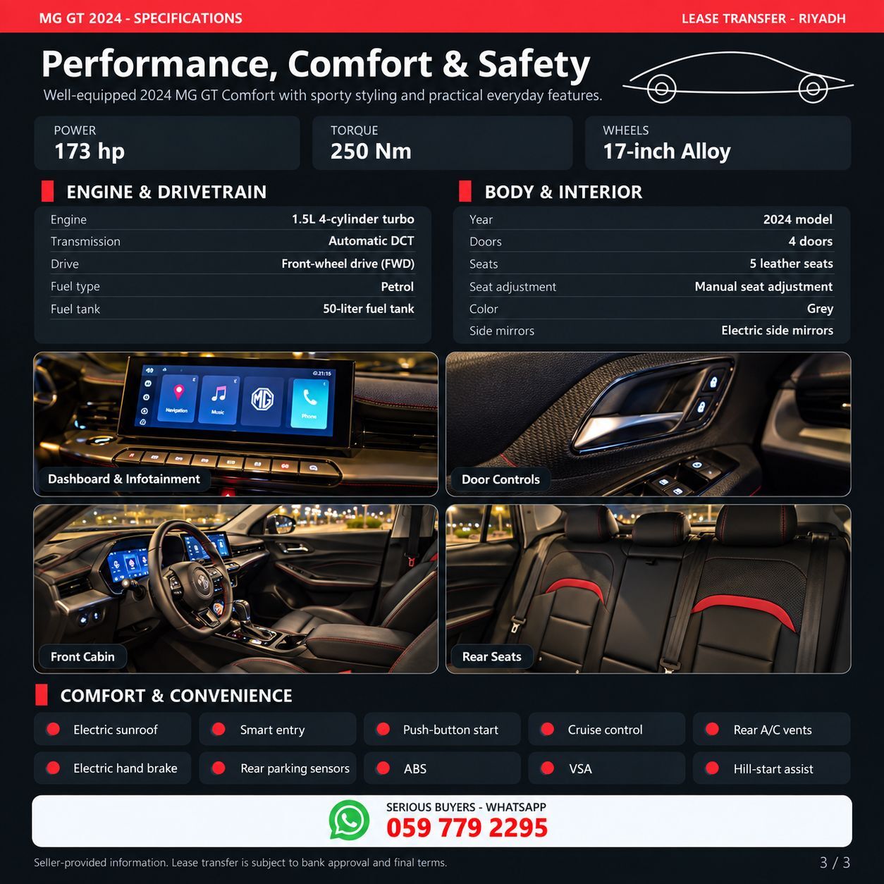 Riyadh, Vehicle Lease Transfer, SAR 47500,  MG GT COM 2024 1.5 Turbo For Lease Transfer