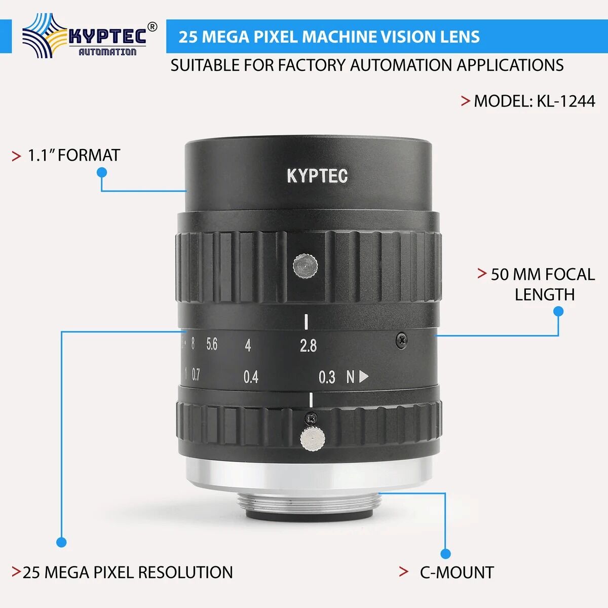 New Delhi, Electronics, INR 15995,  50 MM 25 MP Machine Vision Lens For 1.1-Inch C-Mount Industrial Cameras &ndash; Kyptec Automatio