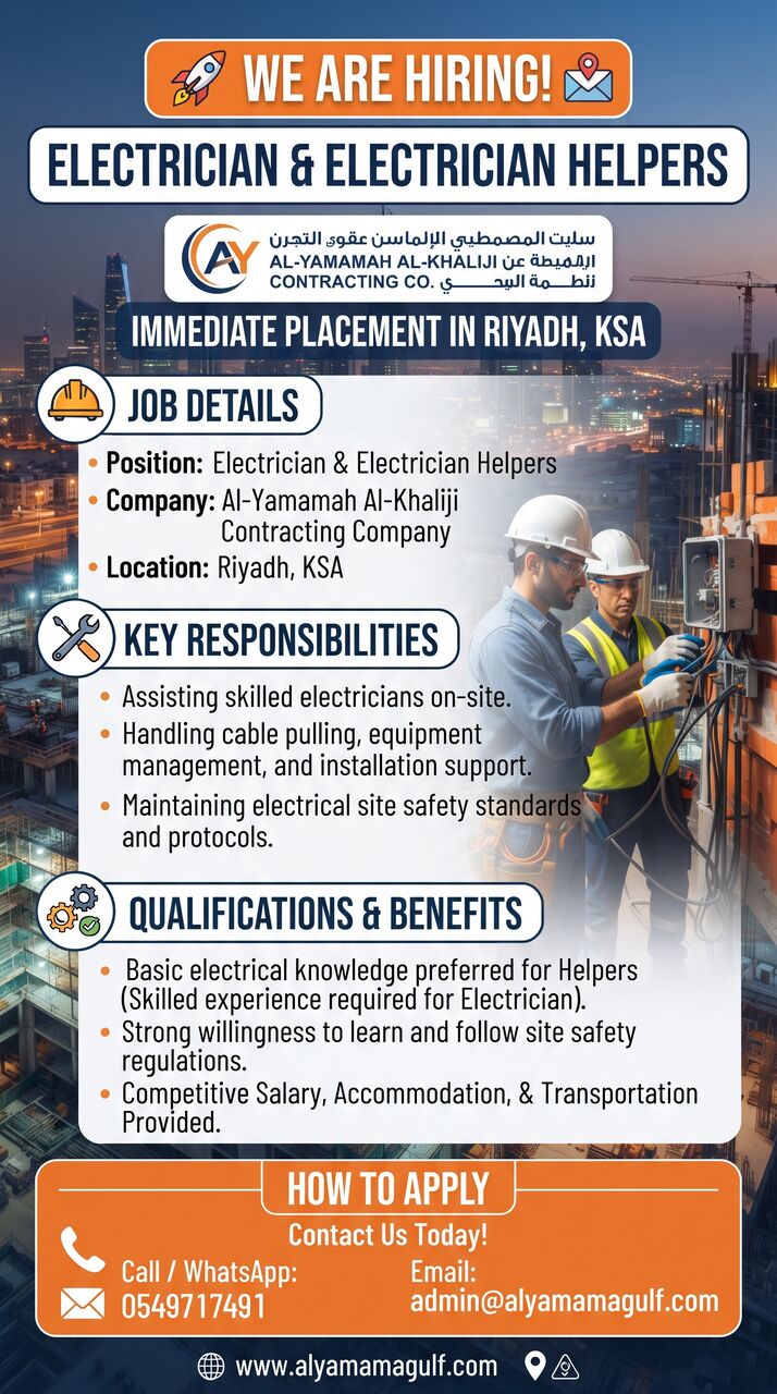 Riyadh, Jobs, HIRING Electrician & Electrician  Helper