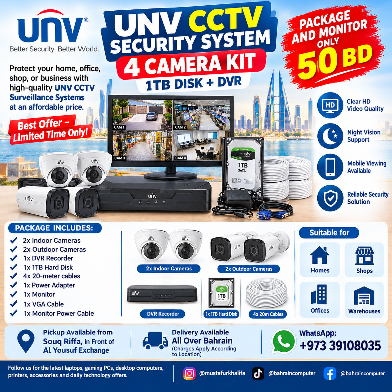 Riffa, Photo & Video, BHD 50,  UNV CCTV Security System 4 Camera Kit 1TB HDD  DVR  Monitor  Only 50 BD