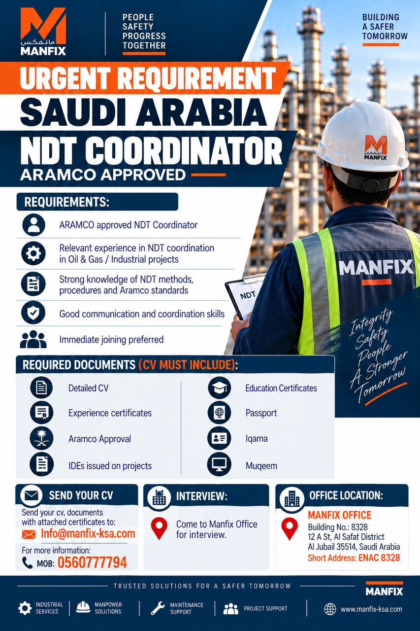 Riyadh, Jobs, NDT COORDINATOR | ARAMCO APPROVED