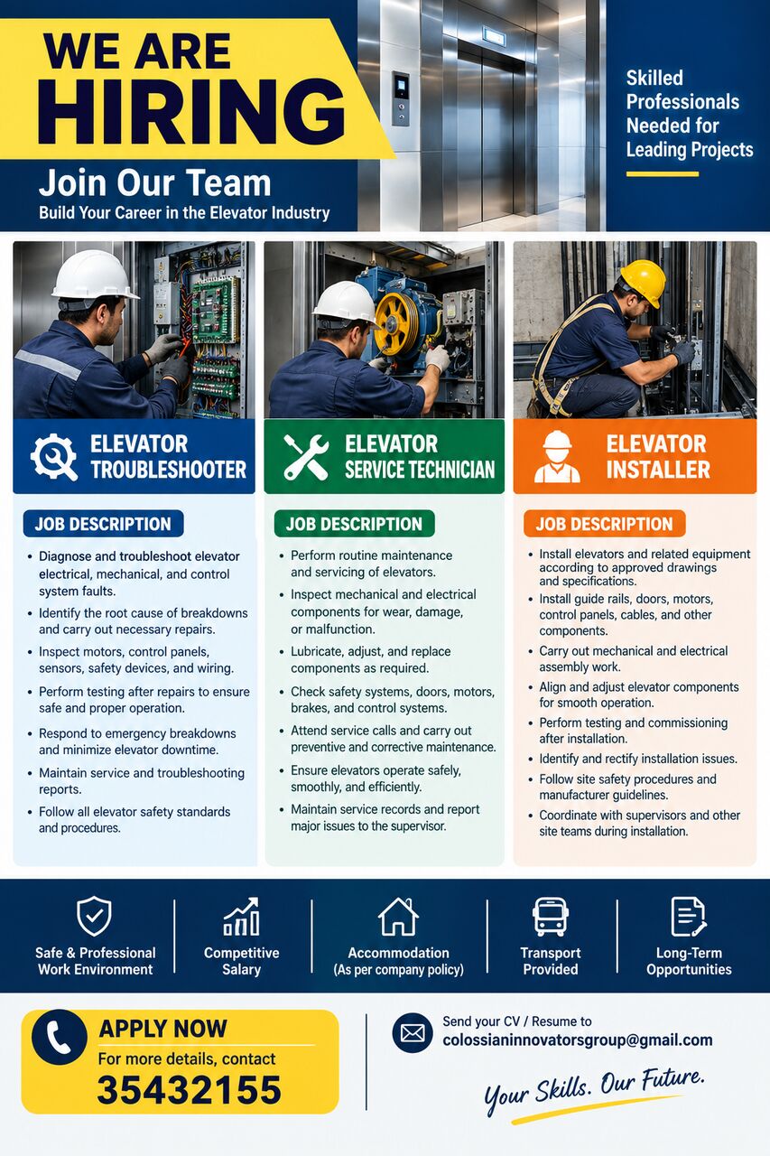 Manama, Jobs, Elevator Troubleshooter - . Elevator Service Technician -  Elevator Installer