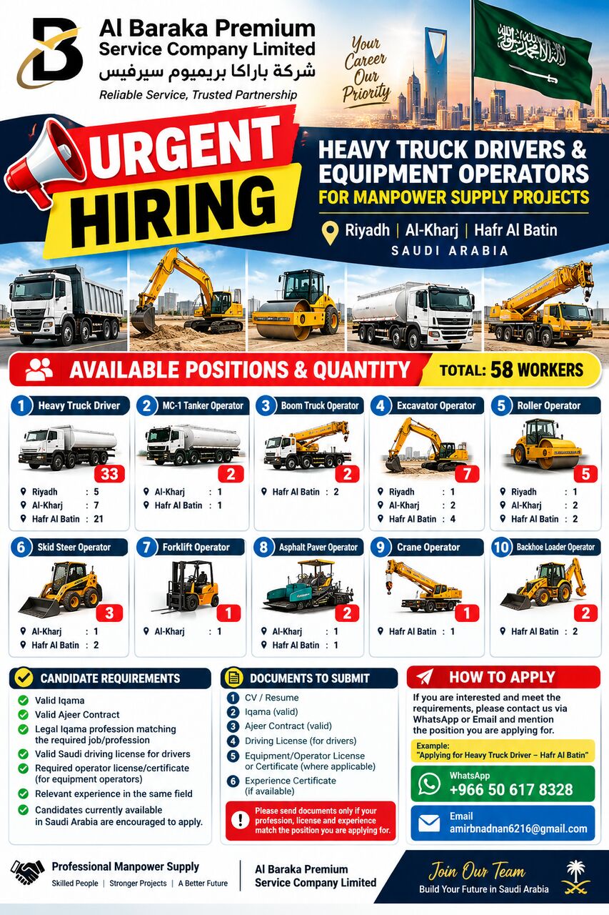 Dammam, Temp Jobs, Heavy Drive,  Mc-1 Tanker, Forklift Driver, Excavator, Boom Truck,