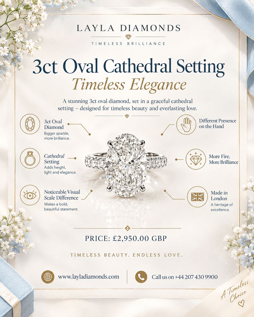 London, Jewelry, GBP 2950,  3ct Oval Cathedral Setting: Timeless Elegance | Layla Diamonds