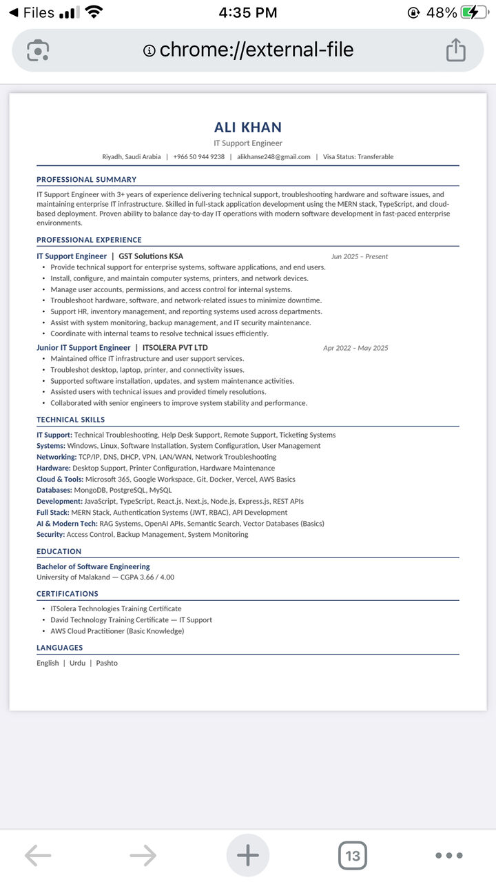 Riyadh, Job Seekers, IT Support Engineer