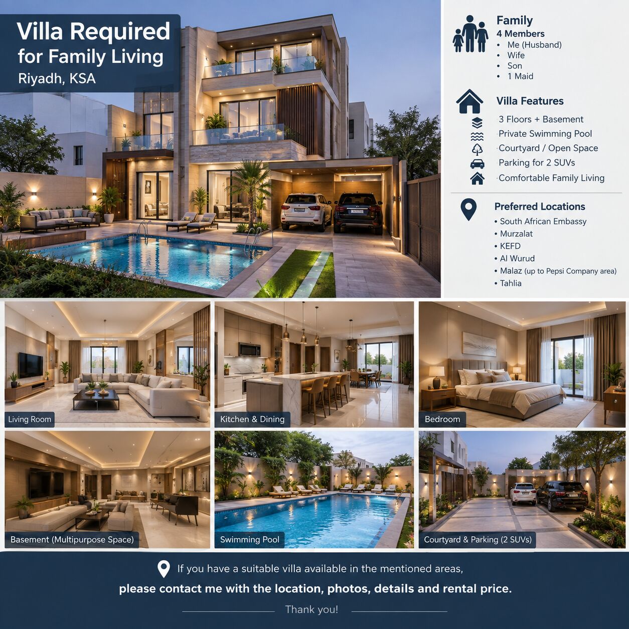 Sulai, Apts/Flats Wanted, Furnished,  6 BR,  VILLA REQUIRED FOR FAMILY (3-FLOORS) &ndash; RIYADH