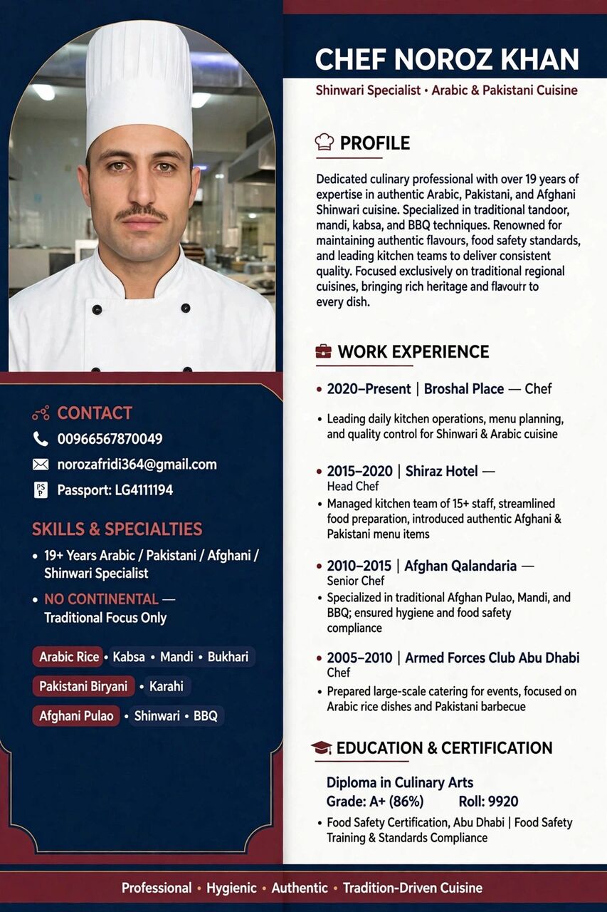 Riyadh, Job Seekers, Chef Of 21 Year Experience Of Pakistani Afghani Shinwari