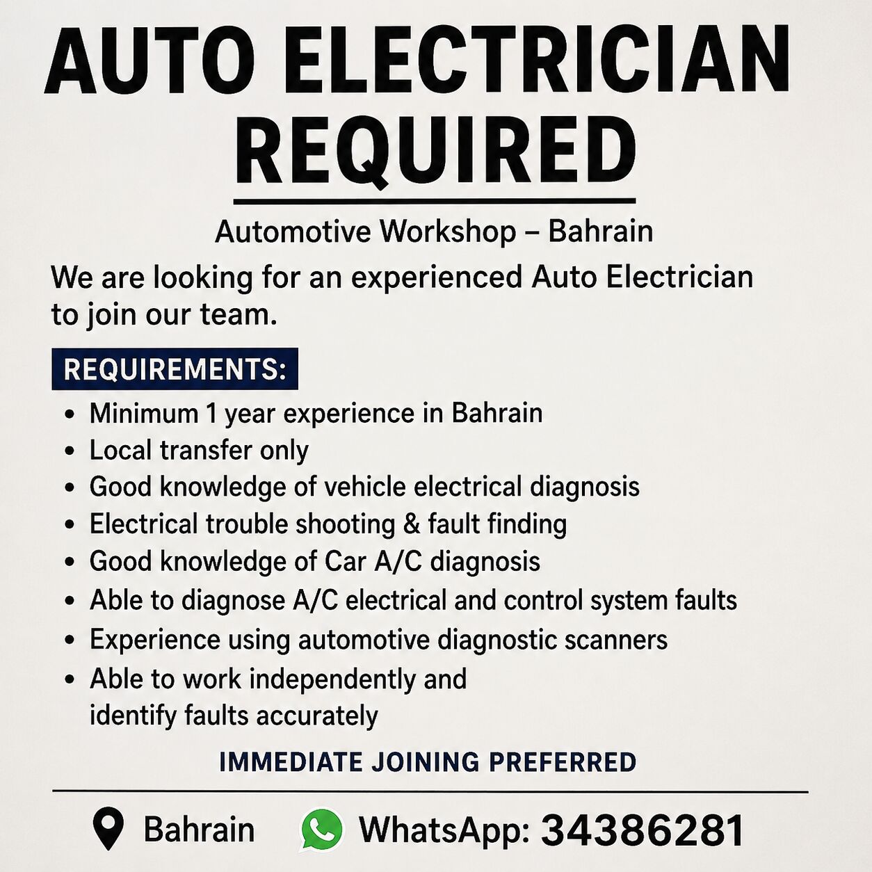 Manama, Jobs, Auto Electrician