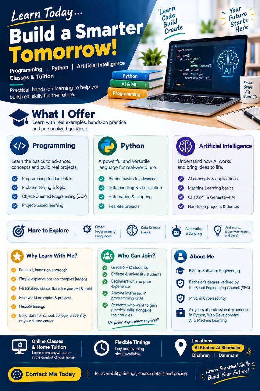 Al Khobar Al Shamalia, Lessons Offered, Learn Programming, Python & AI &mdash; Build Real-World Skills