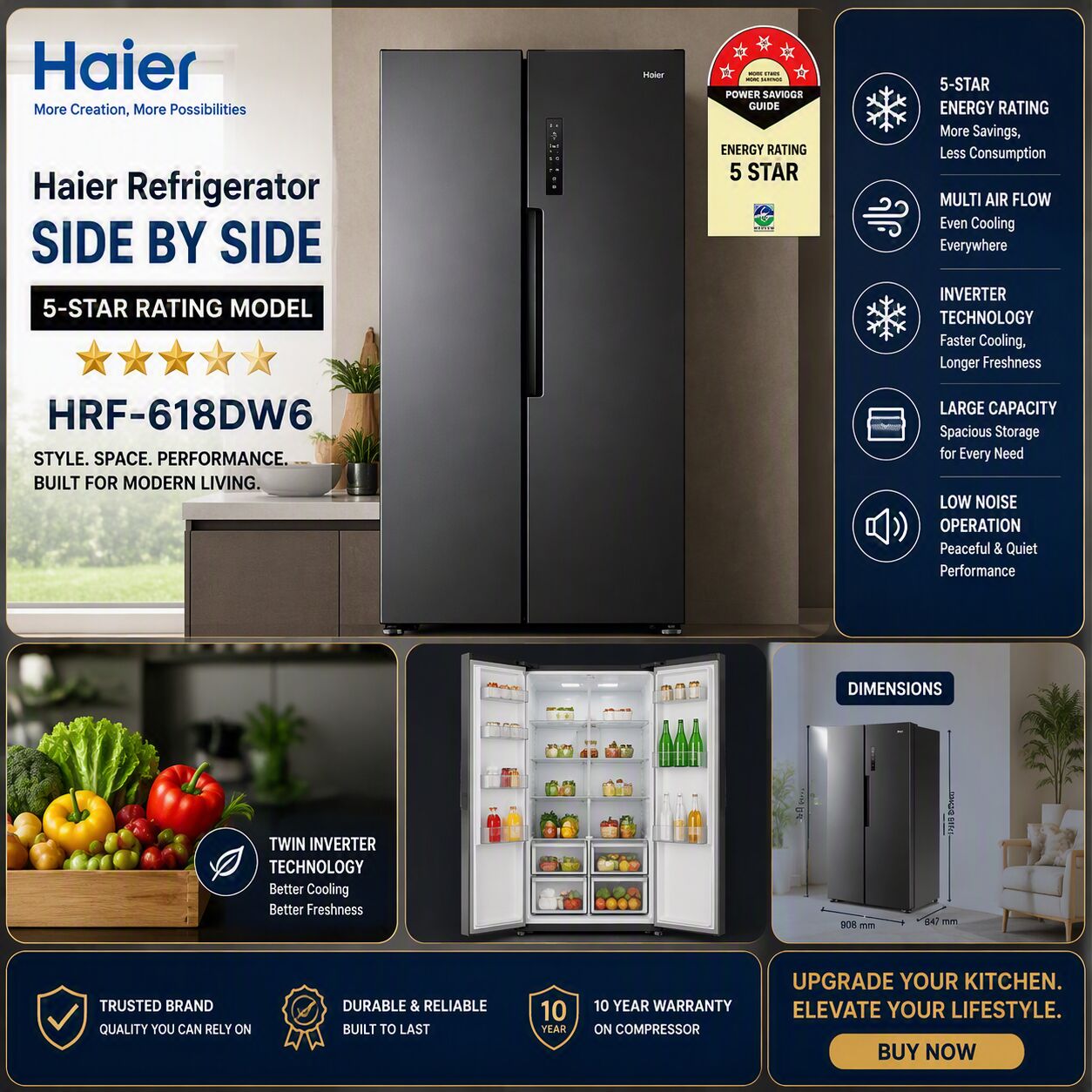 Al Malaz, Appliances, SAR 1800,  Haier Side-by-Side Refrigerator HRF-618DW6 (5-Star Energy Rating) For Sell
