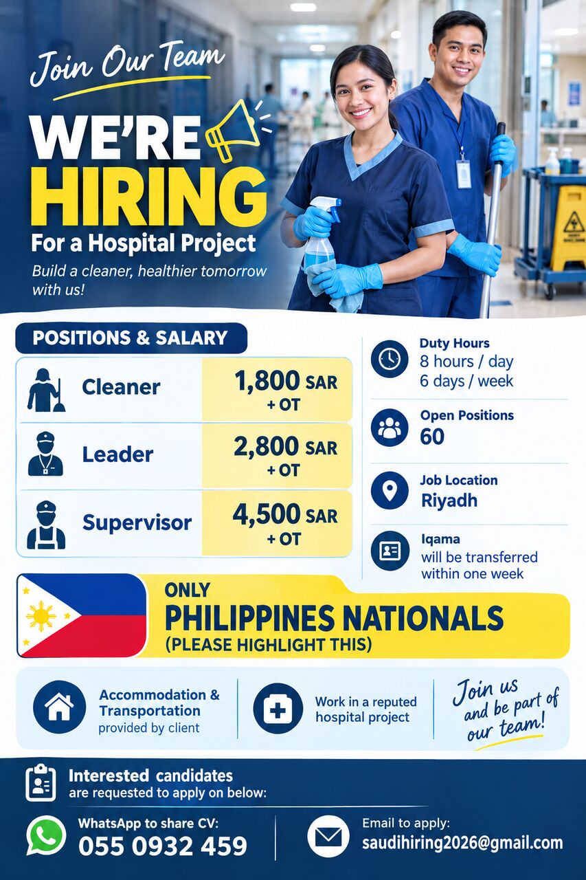 Riyadh, Jobs, Cleaner, Supervisor, Filipino National Only