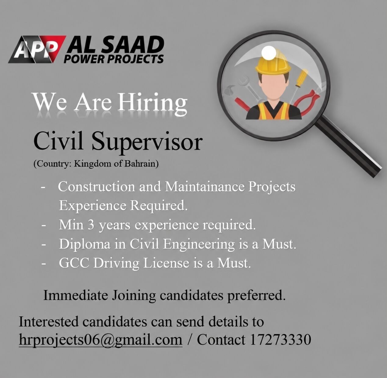 Manama, Jobs, CIVIL SUPERVISOR