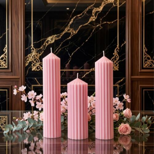 Noida, Household Items, INR 799,  Pink Ribbed Pillar Candle For Home Décor | Derben Clove