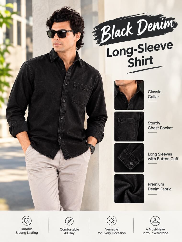 Mumbai, Clothing & Accessories, INR 1099,  Black Denim Long-Sleeve Shirt By F-route