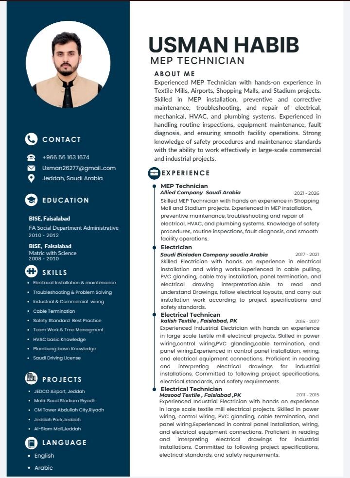 Jeddah, Job Seekers, Electrical Maintenance Technician