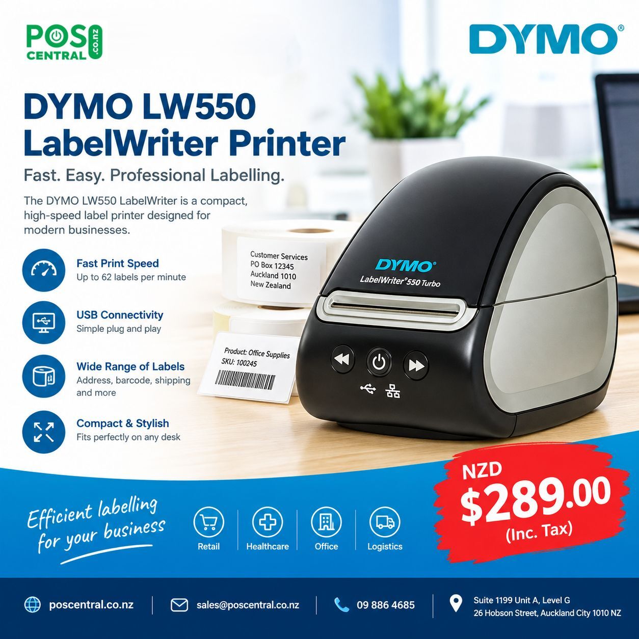 Auckland, Computers, NZD 289,  Dymo LW550 LabelWriter Printer For Fast Business Labelling NZ