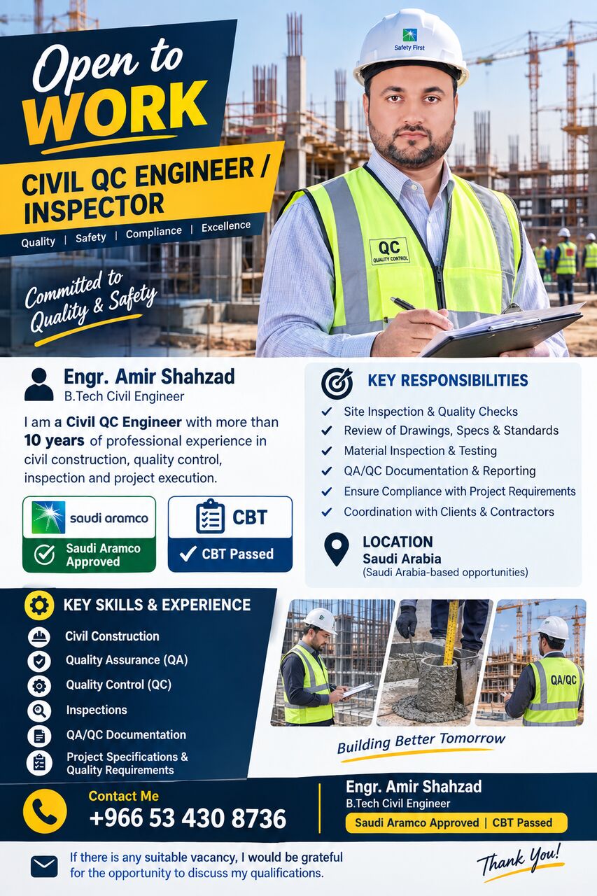 Jubail, Job Seekers, Civil QC Engineer/Inspector