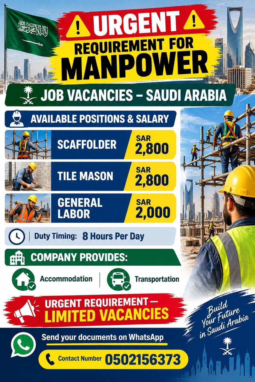 Riyadh, Jobs, Urgent Requirement SCAFFOLDER, TILE MASON, AND LABOR
