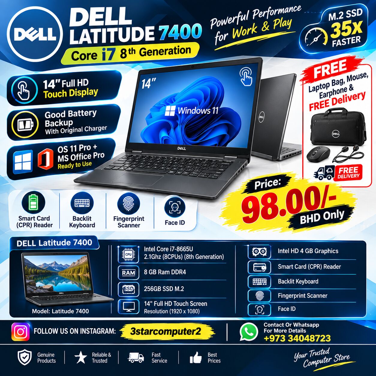 Manama, Tablet Computers, BHD 98,  DELL Core I7 8th Gen Touch Laptop 35X Fast 256GB SSD 14" FHD Touch Display FREE GIFTS