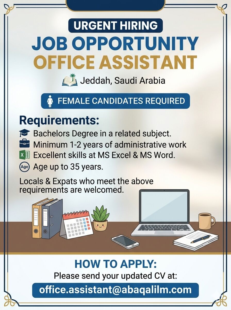 Jeddah, Jobs, Urgent Vacancy For Female Office Assistant! For Locals & Expats