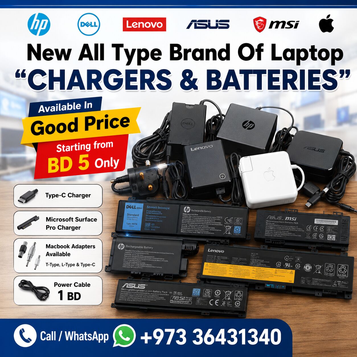 Isa Town, Computers, BHD 5,  New All Type Brand Of Laptop Charger & Batteries (MacBook Charger) Available In Good Price