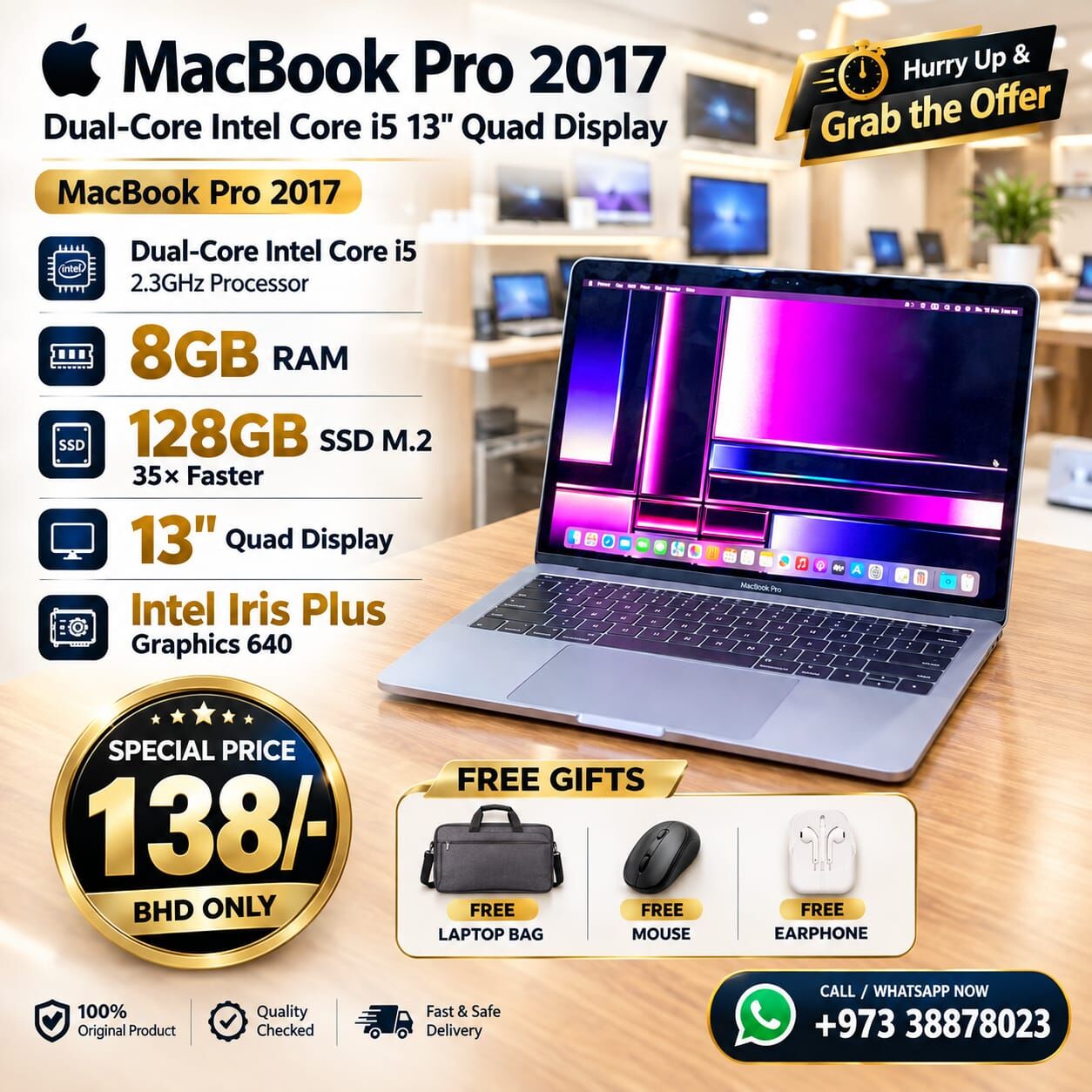 Manama, Tablet Computers, BHD 138,  MacBook Pro Core I5 2.3Ghz 8GB RAM 13"Quad Display With Type-C Adapter FREE Laptop & Mouse