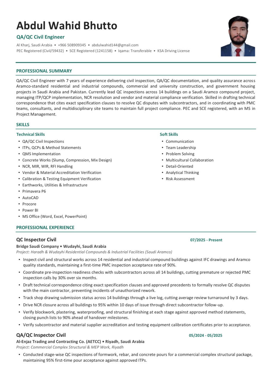 Riyadh, Job Seekers, QC Inspector Civil