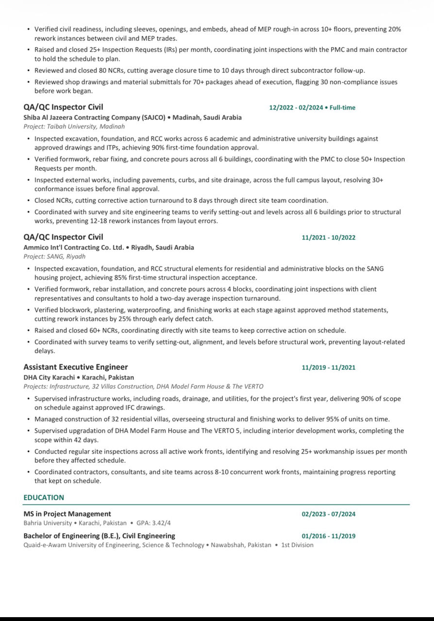 Riyadh, Job Seekers, QC Inspector Civil