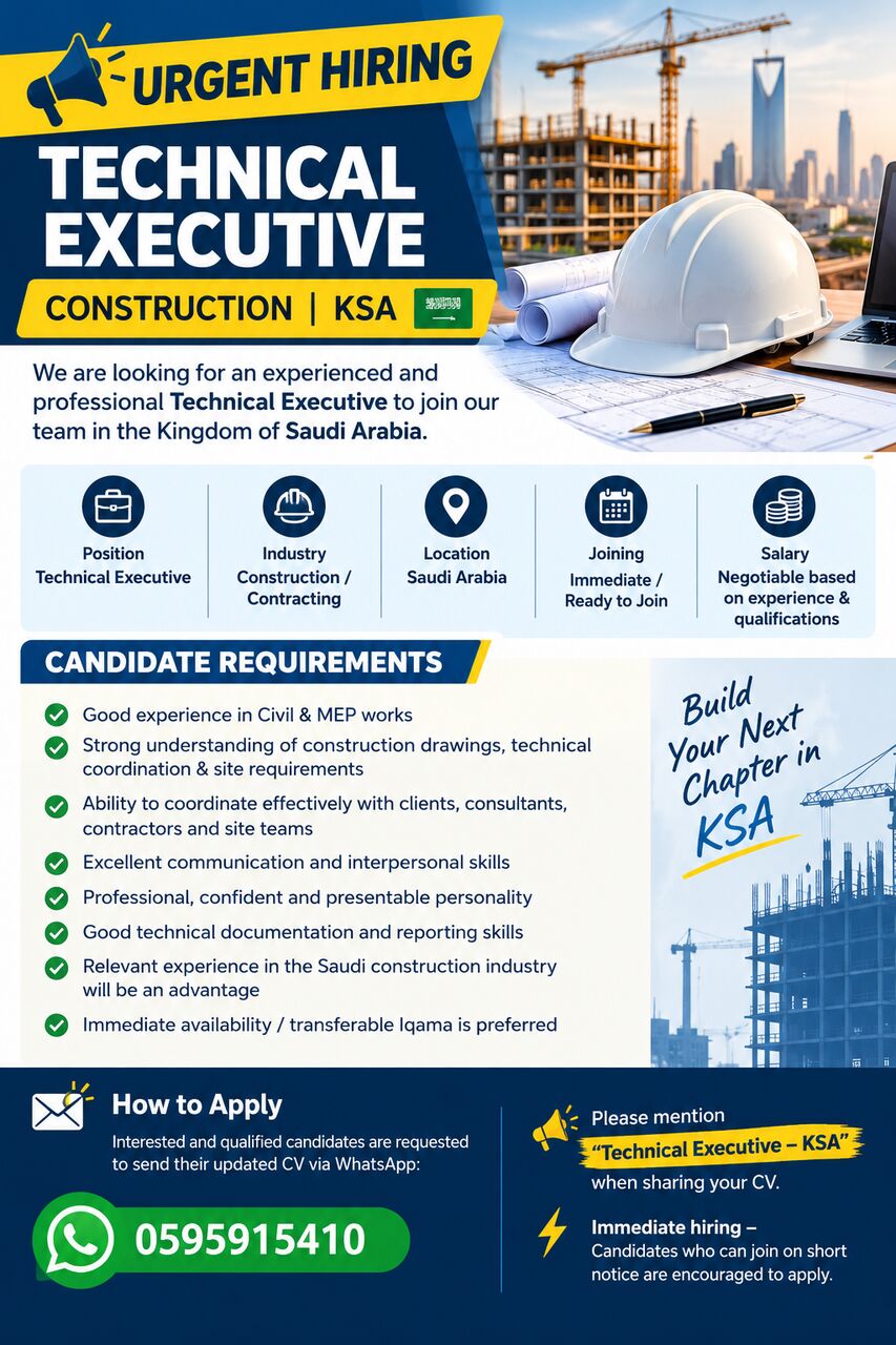 Riyadh, Jobs, 🚨 URGENT HIRING – TECHNICAL EXECUTIVE | CONSTRUCTION | KSA 🇸🇦