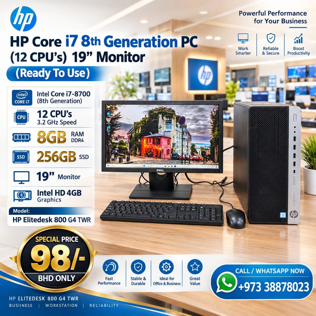 Manama, Tablet Computers, BHD 98,  HP Core I7 8th Gen PC 3.2GHz (12CPUs) RAM 8GB SSD 256GB 19" Monitor Ready To Use
