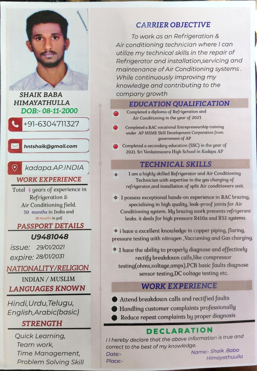 Doha, Job Seekers, Experienced AC Technician (4 Years Exp, Gulf Exp) Seeking Job