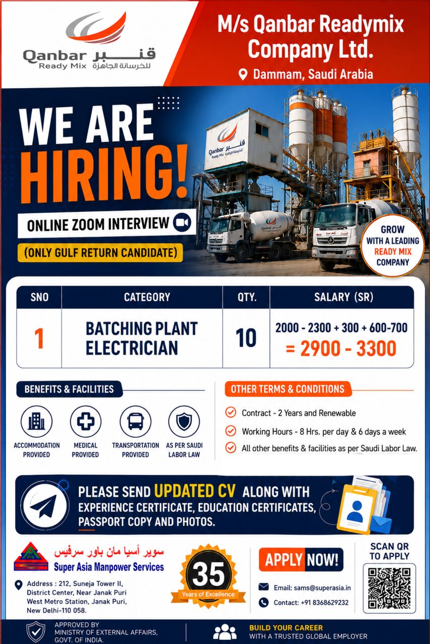 Riyadh, Jobs, Batching Plant Electrician