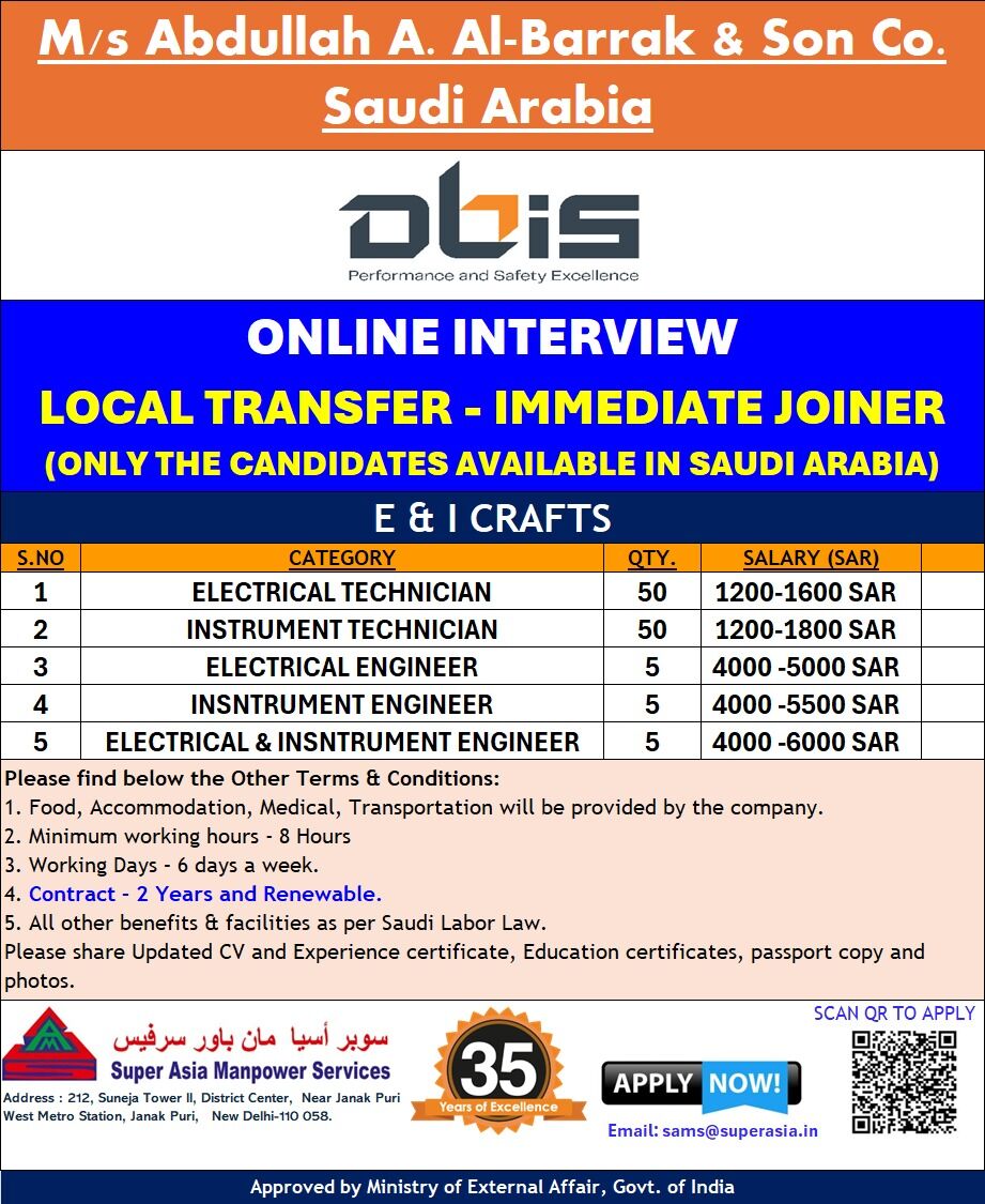 Riyadh, Jobs, Technicians & Engineers (Electrical , Instrument , E & I)