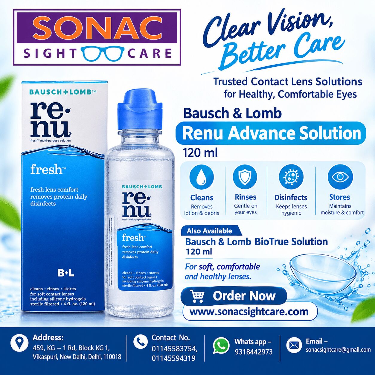 New Delhi, Health & Beauty Items, INR 240,  Buy Bausch & Lomb Renu Advance Solution 120 Ml Online