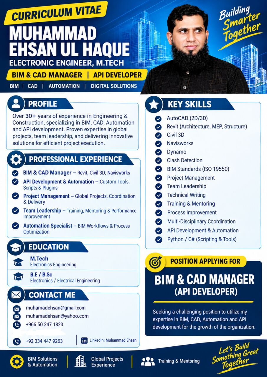 Al Malaz, Job Seekers, M.Tech Electronic Engineer | BIM & CAD Manager | BIM Automation & API Developer