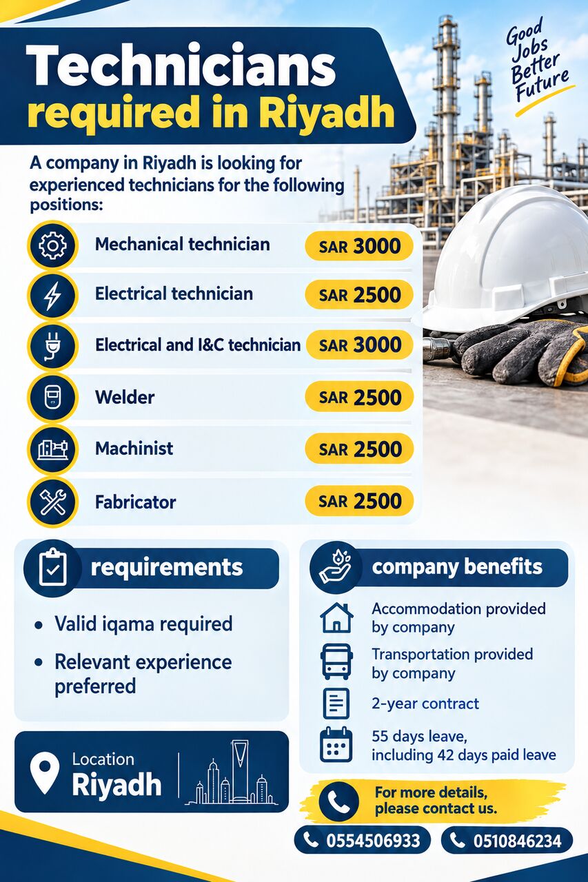 Riyadh, Jobs, Technicians Required In Riyadh