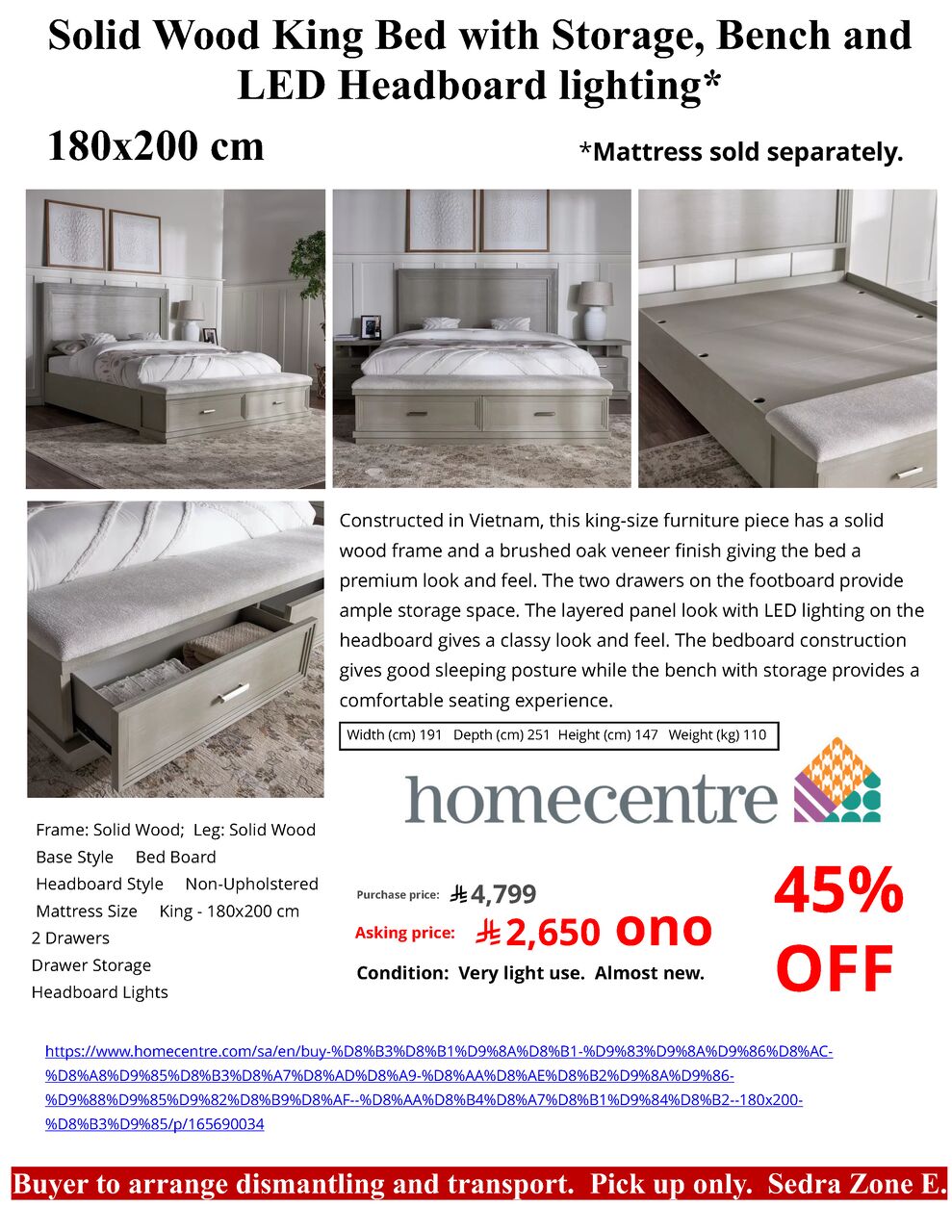 Riyadh, Furniture, SAR 2650,  House Clearance: Solid Wood King Bed With Storage, Bench And LED Headboard Lighting