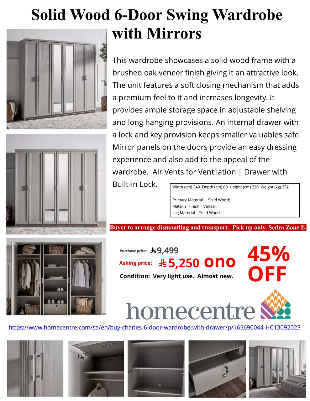 Riyadh, Furniture, SAR 5250,  House Clearance: Solid Wood 6-Door Swing Wardrobe With Mirrors