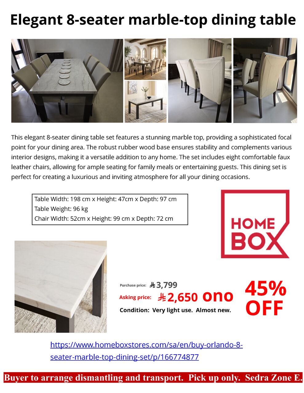 Riyadh, Furniture, SAR 2650,  House Clearance: Marble-top Solid Wood Dining Table Elegant 8-seater