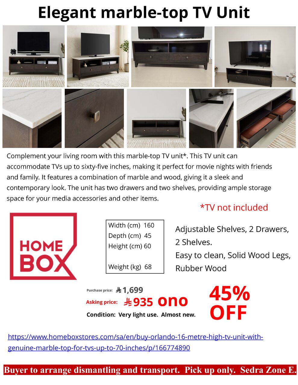 Riyadh, Furniture, SAR 935,  House Clearance: Marble-top Solid Wood TV Unit