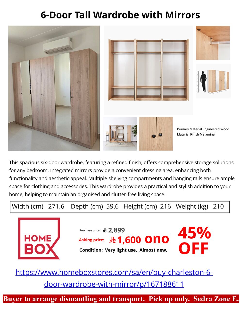 Riyadh, Furniture, SAR 1600,  House Clearance: 6-Door Tall Melamine Wardrobe With Mirrors