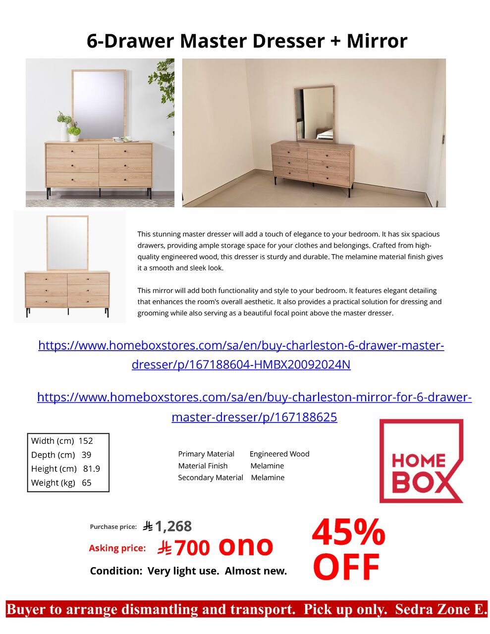 Riyadh, Furniture, SAR 700,  House Clearance: 6-Drawer Melamine Master Dresser And Mirror