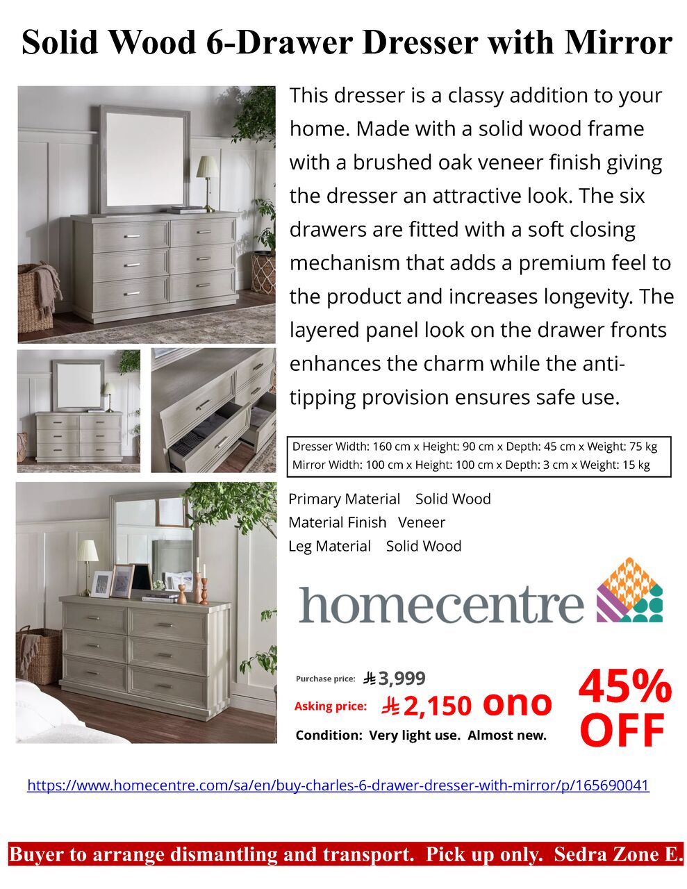 Riyadh, Furniture, SAR 2150,  House Clearance: Solid Wood 6-Drawer Dresser With Mirror