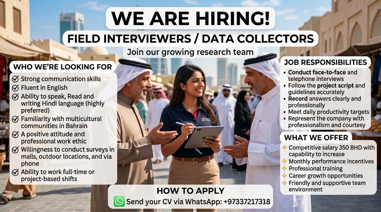 Manama, Jobs, Field Interviewers / Data Collectors (Hindi Speaker Only)