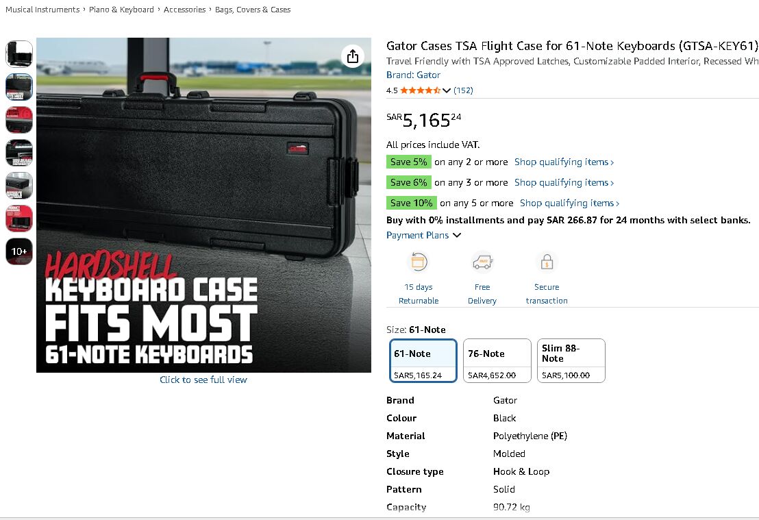 Jeddah, Musical Instruments, SAR 1200,  Gator Cases TSA Flight Case For 61-Note Keyboards (GTSA-KEY61)
