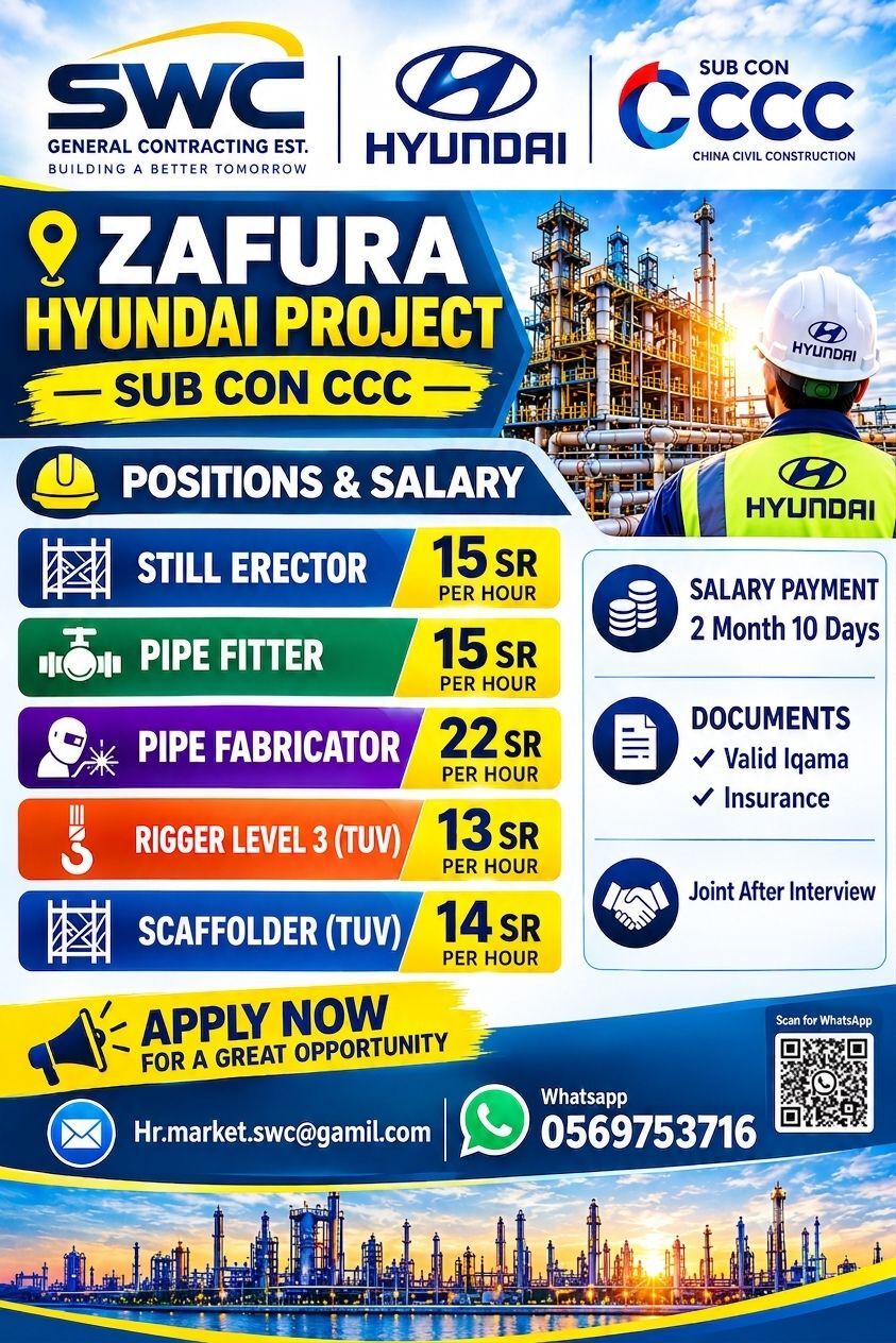 Al Jafurah, Jobs, Pipe Fabricator:Pipe Fitter:Steel Erector:Rigger Level 3 (TUV):