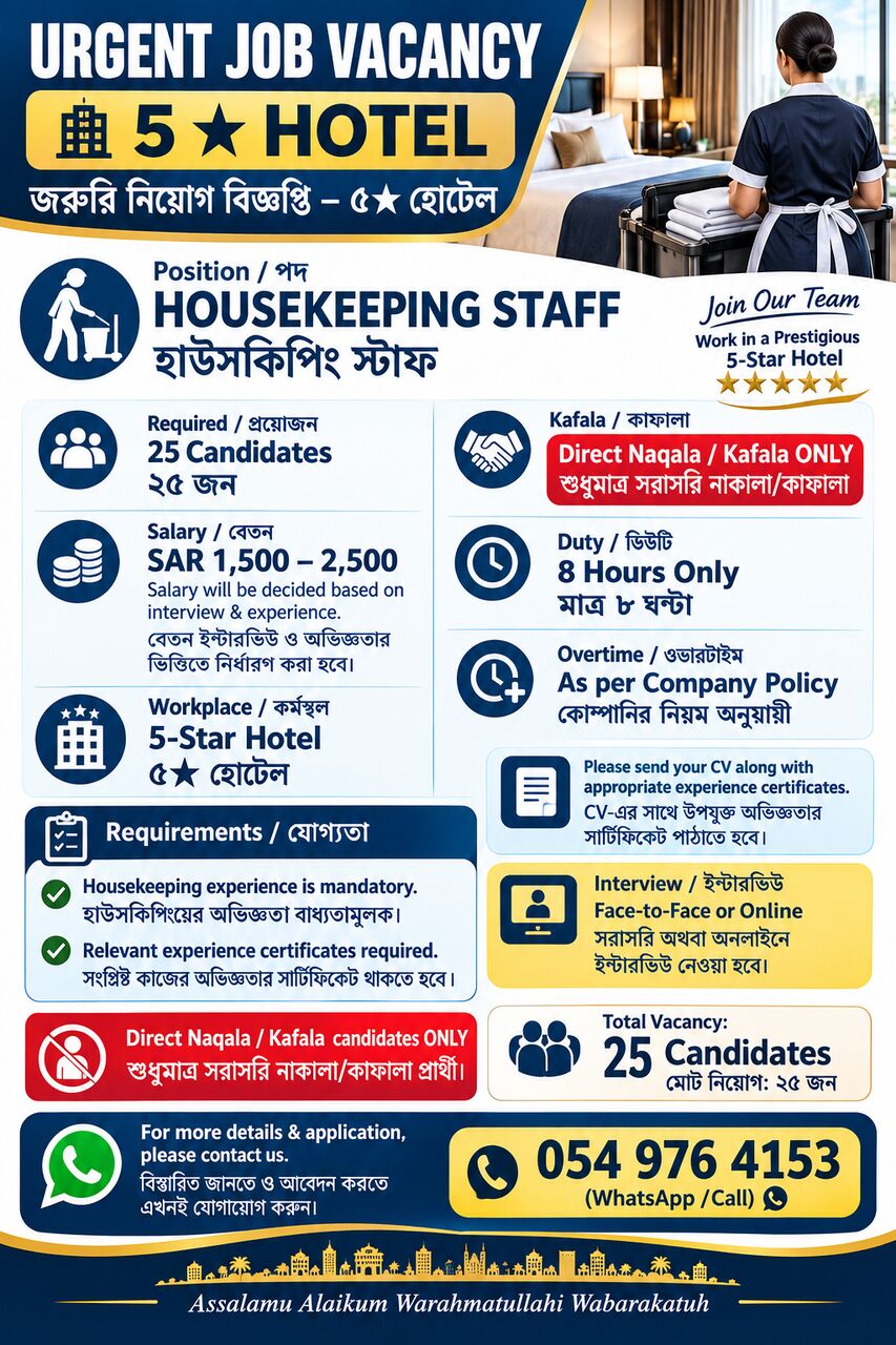 Riyadh, Jobs, Housekeeping Staff  (5 Star Hotel)